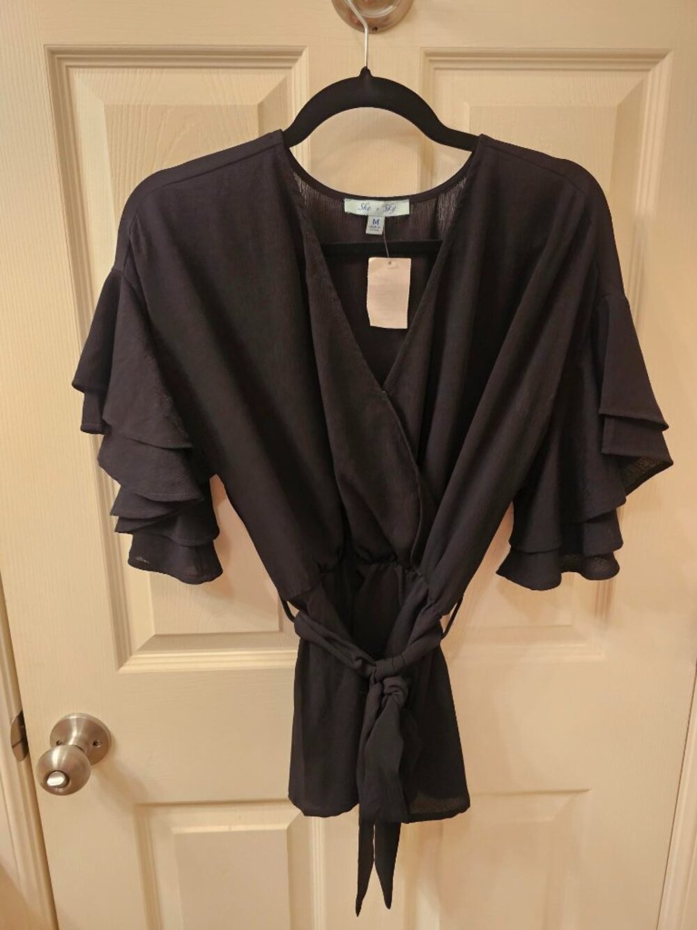 NWT She + Sky Medium Black Blouse w / Elastic Waist and Tie